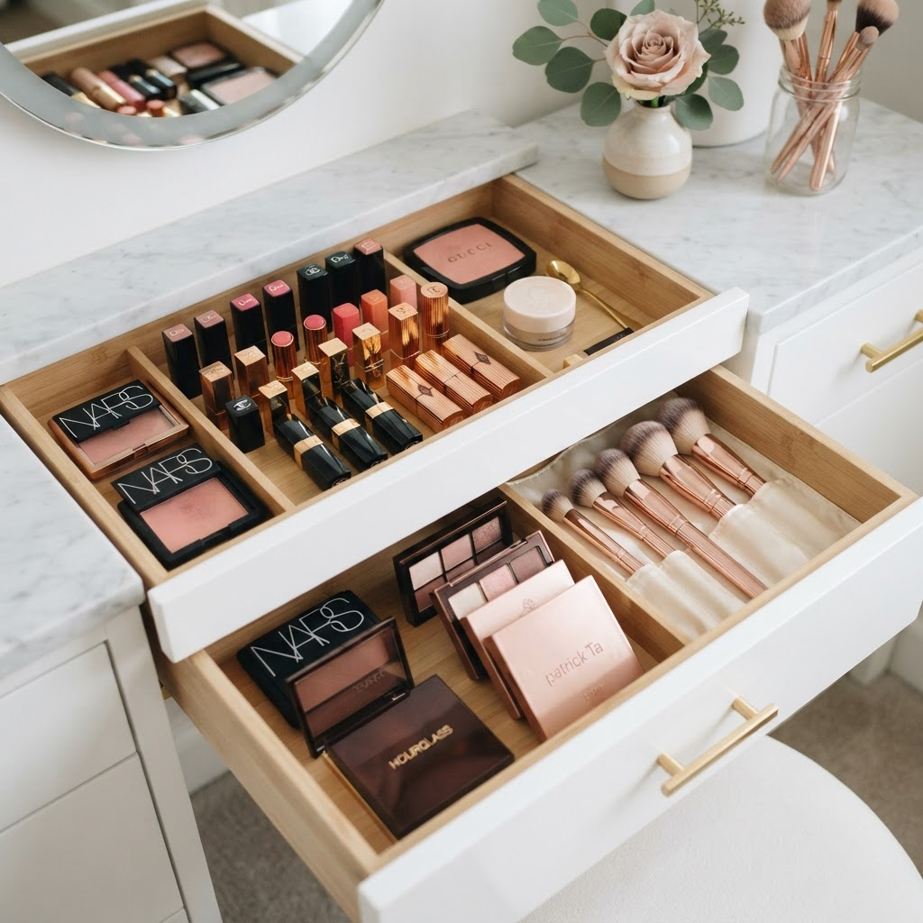 Offene Schubladen mit Beauty-Utensilien
